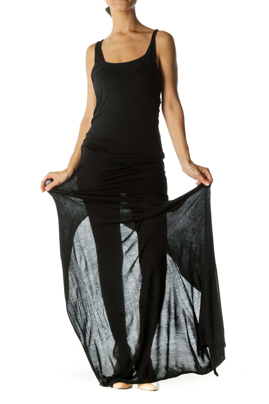 Black Soft-Touch Knit See-Through Stretch Maxi Dress Front