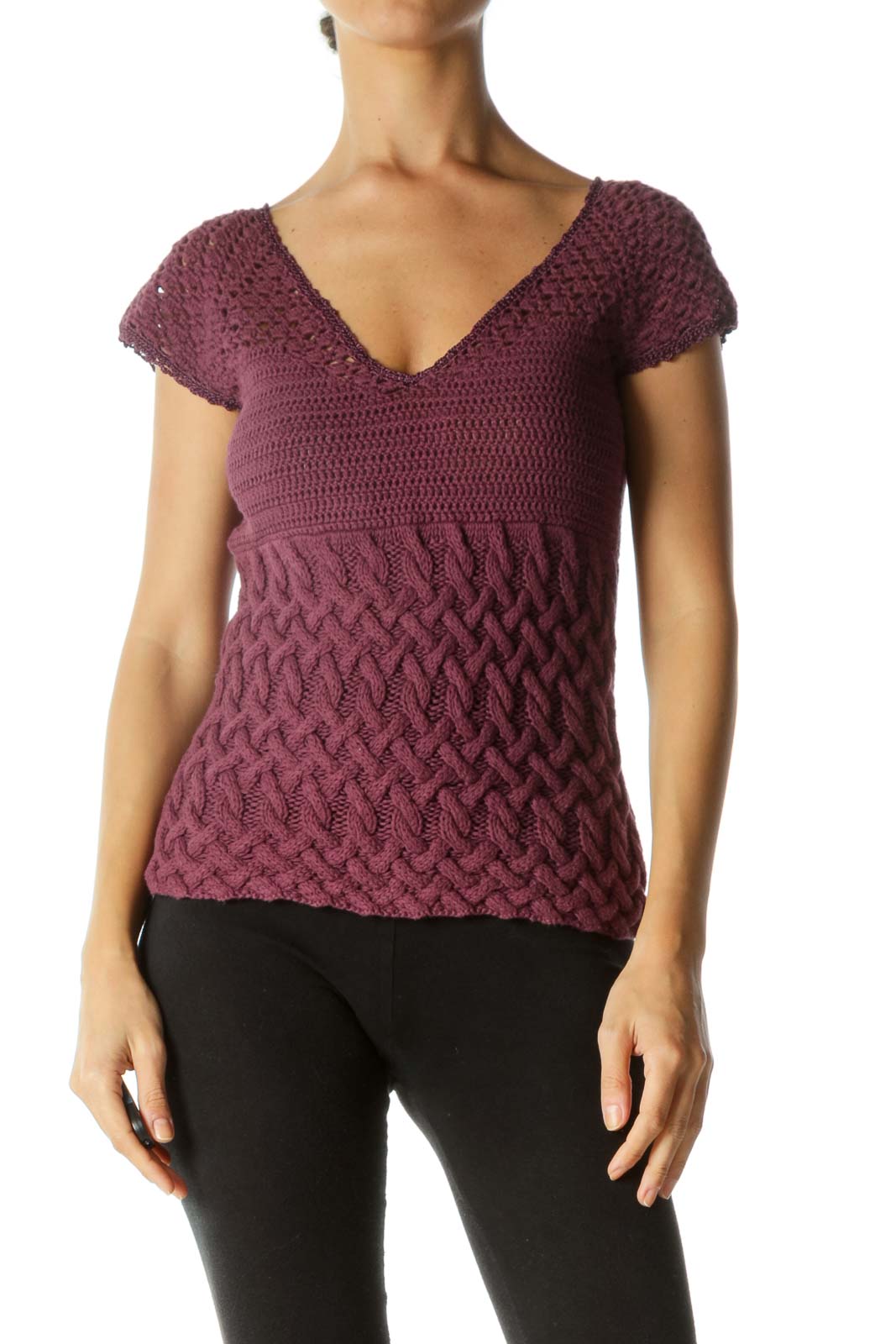 Purple V-Neck Lace Trim Detail Varying Knit Patterns Top Front