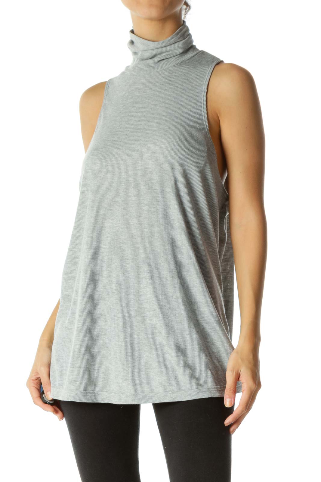 Gray Turtle Neck Soft Sleeveless Stretch Tank Top Front