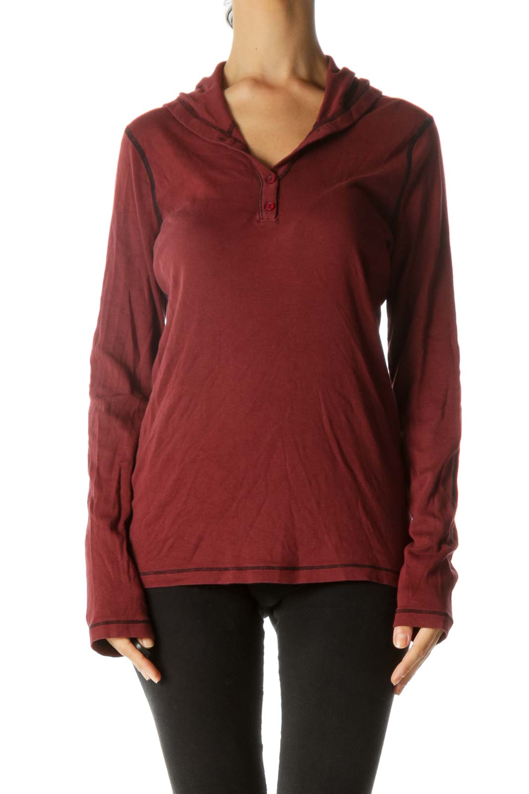 Burgundy Black Supima Cotton Blend Hooded Stretch Long Sleeve Top Front