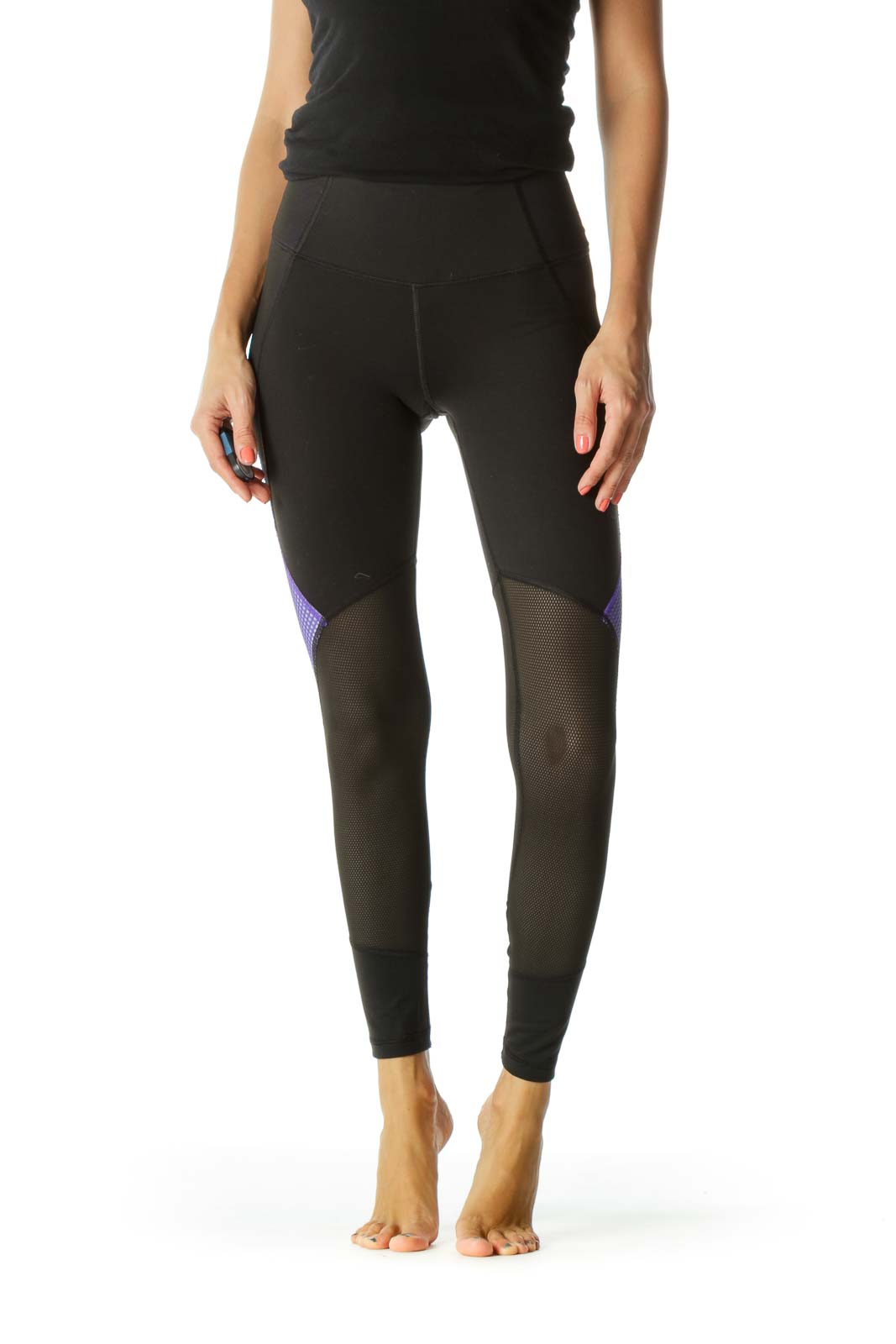Black Purple Mesh Mixed-Media Sports Leggings with Inside Hip Pocket Front