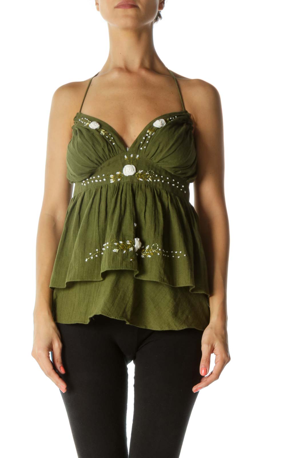 Green 100% Cotton V-Neck Floral Embroidery Flared Top Front