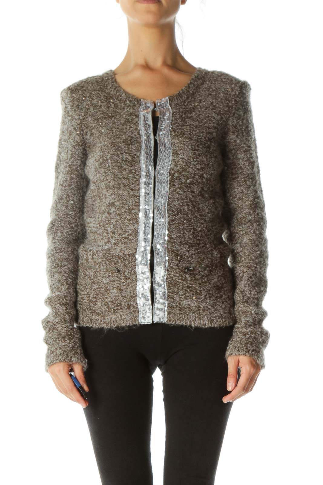 Gray Mohair Sequin Detail Cardigan  Front