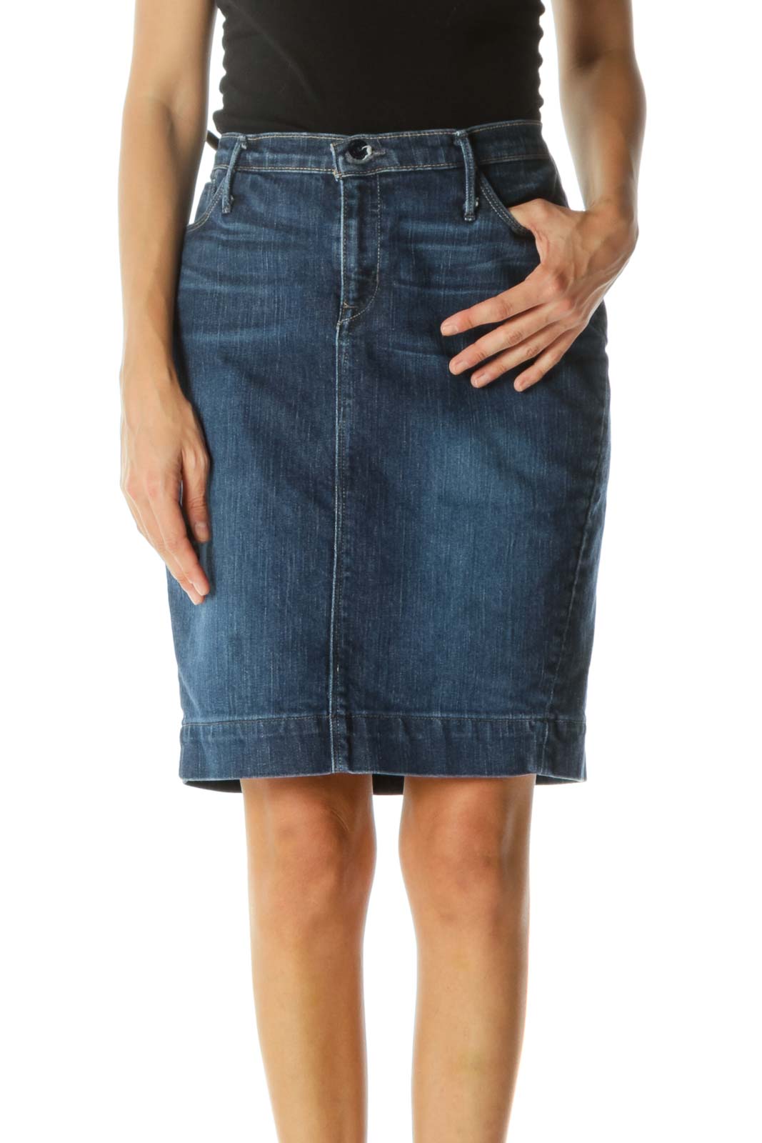 Blue Medium-Wash Denim Stretch Skirt Front
