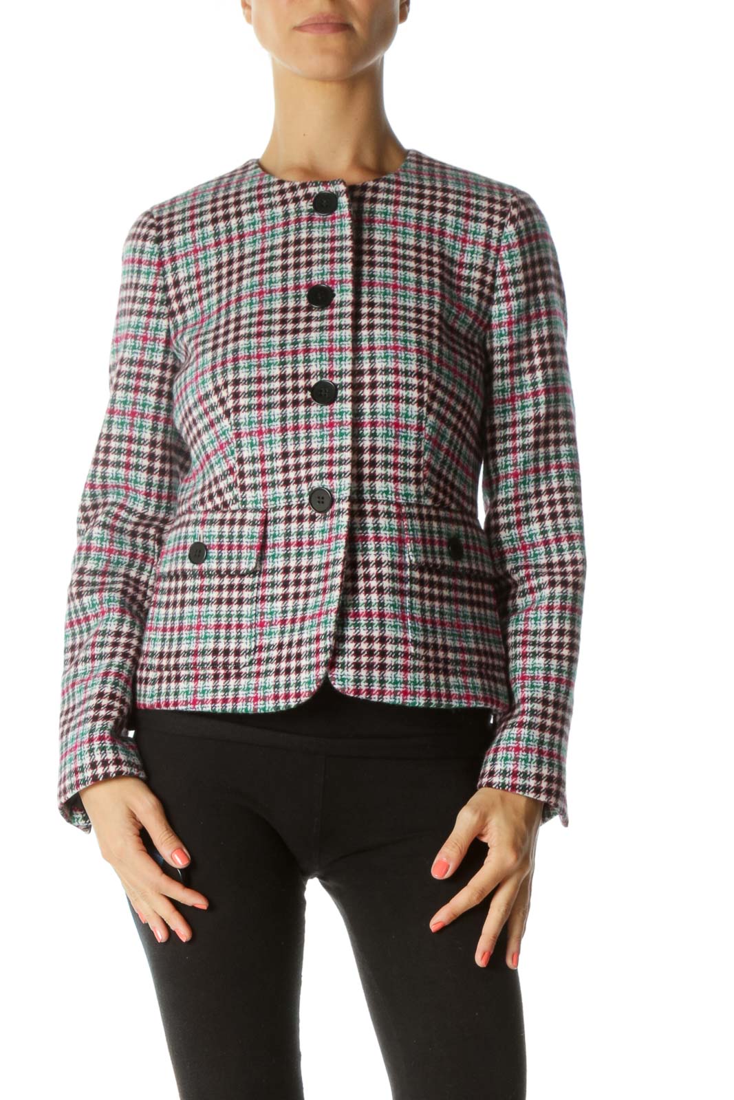 Black, Green and Pink Multicolor Tweed Jacket Front