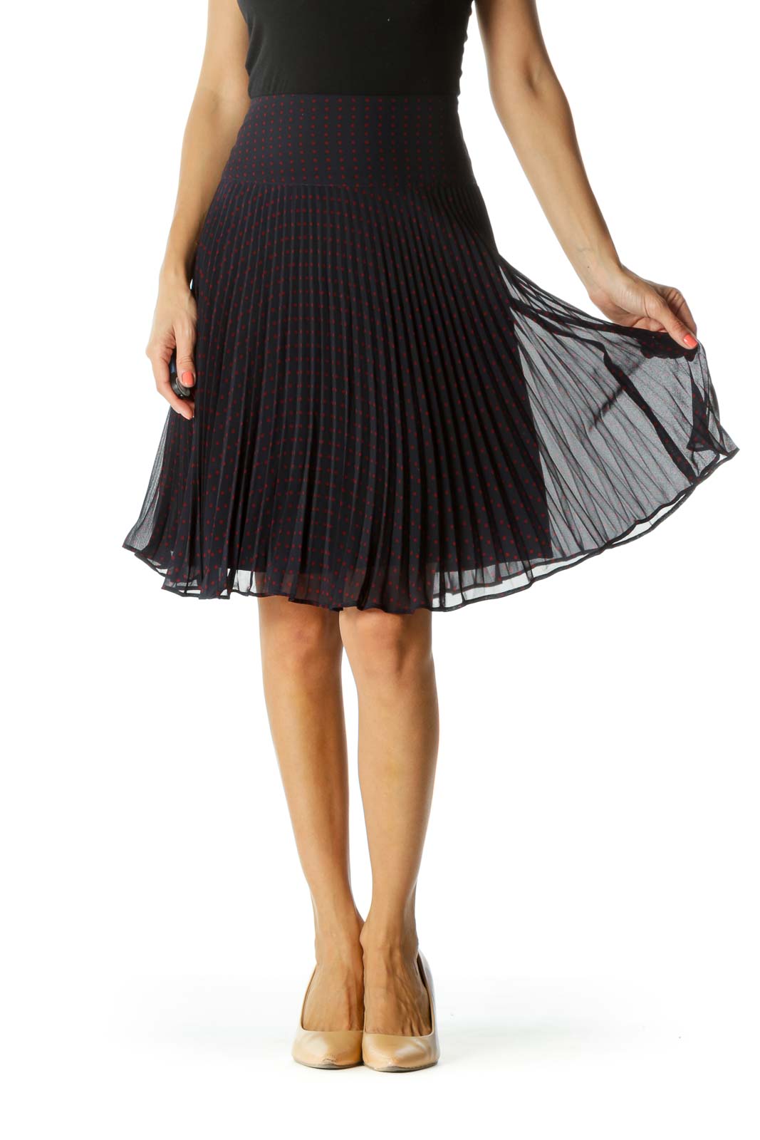 Burgundy and Navy Polka-Dot Pleated Skirt Front