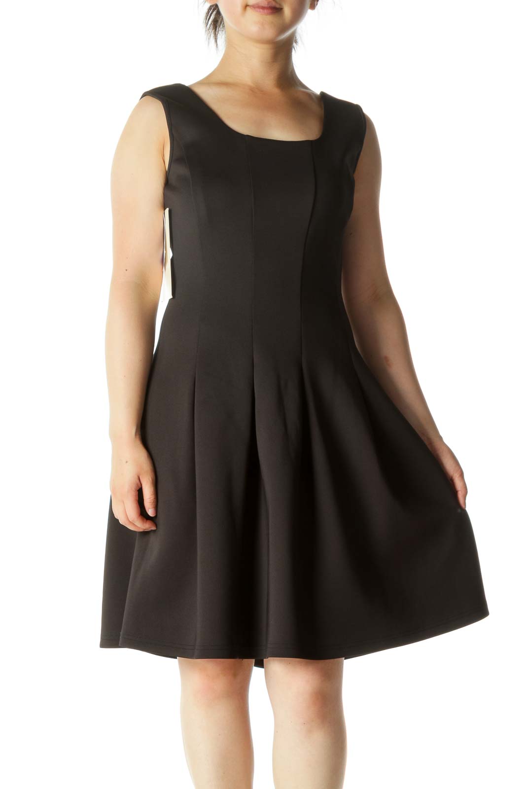 Black A-Line Pleated Work Dress Front