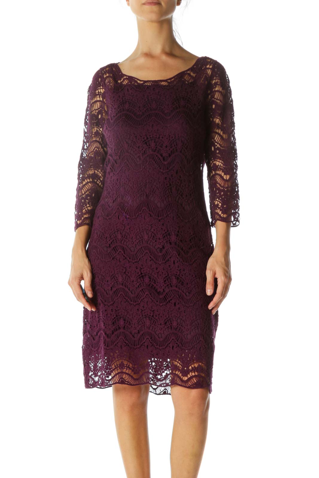 Purple Lace Cotton-Knit 3/4 Sleeve Knit Dress Front