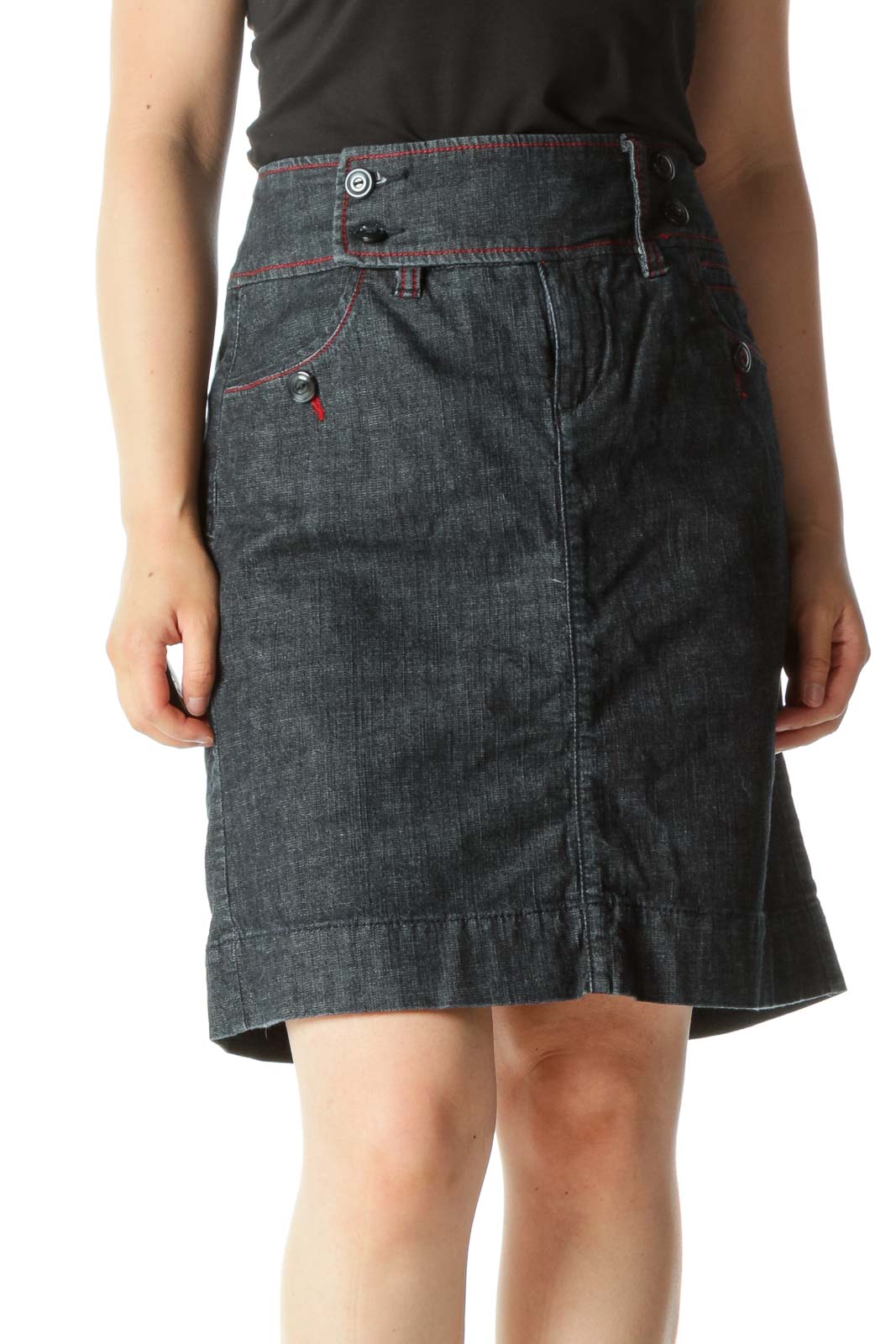 Blue Red Dark-Wash Buttons-Detail Stretch Denim Skirt Front