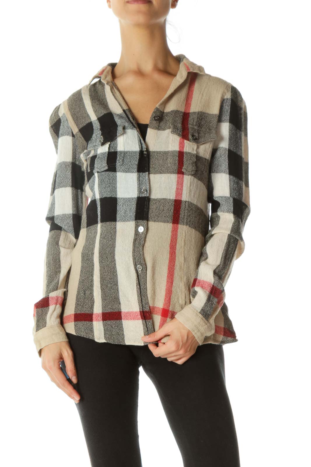 Tan, Black and Red Plaid Shirt Front