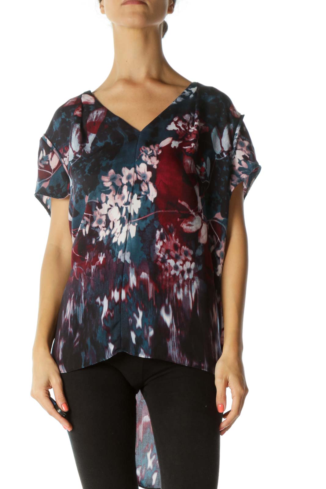 Blue and Burgundy Multicolor Floral Tunic Front
