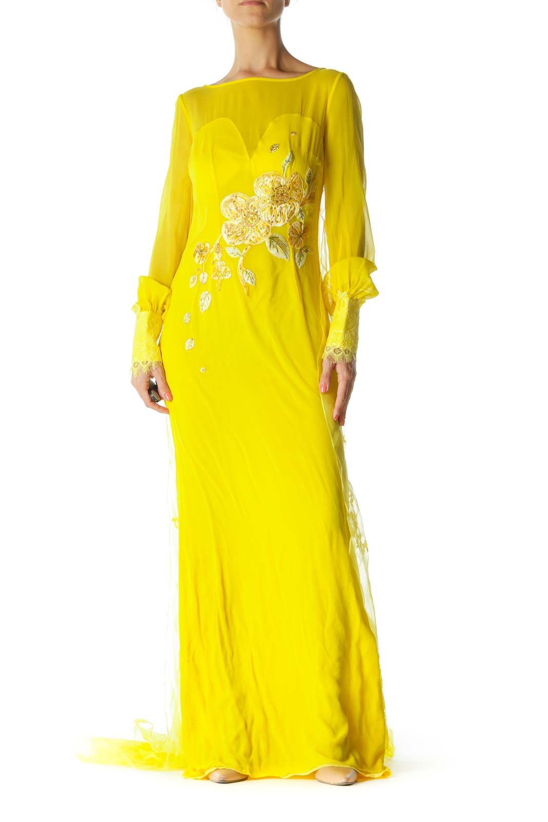 SilkRoll Yellow Long Sleeve Floral Embroidered Maxi Dress Unknown SilkRoll