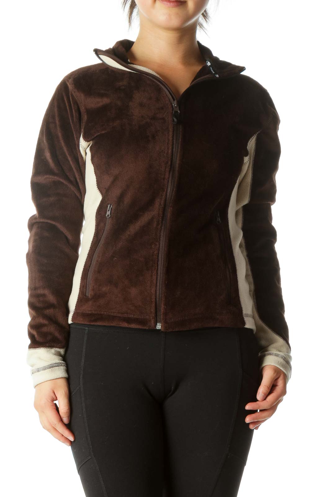 Brown Color Block Textured Zip Jacket  Front