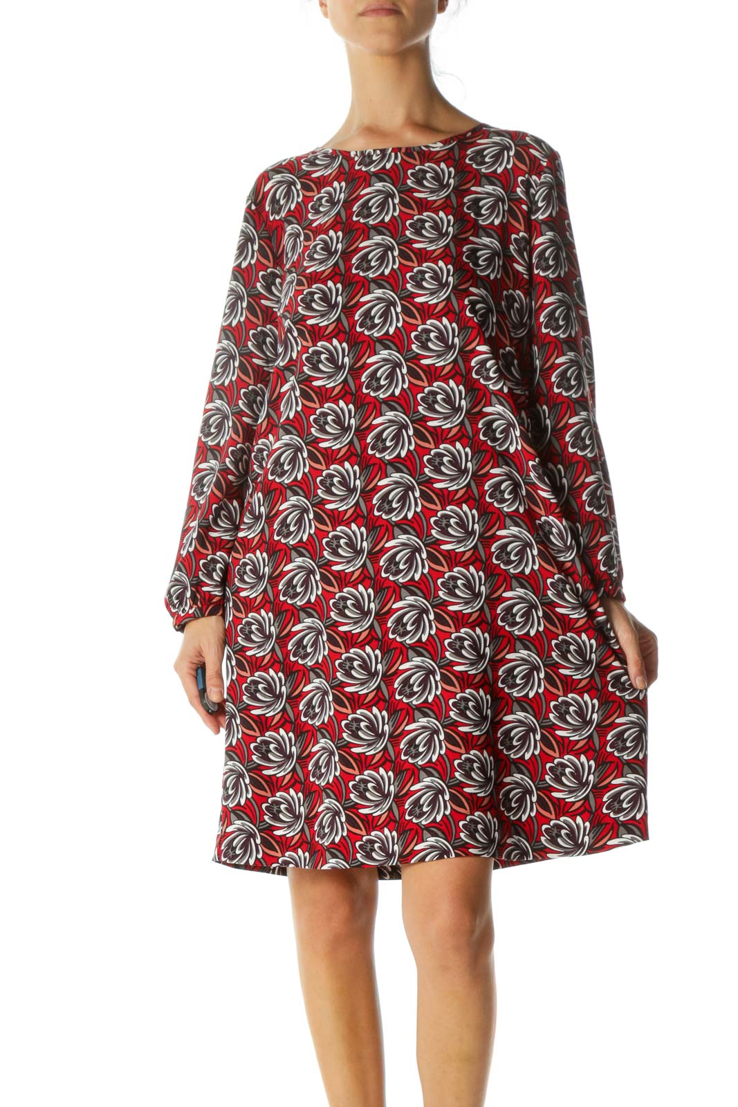 LOFT - Red White Purple Floral Print Long Sleeve Stretch Day Dress ...