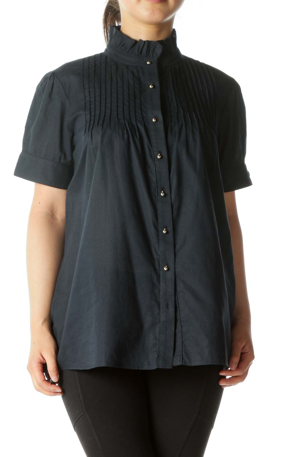 Navy Buttoned Pleated Short Sleeve Top Front