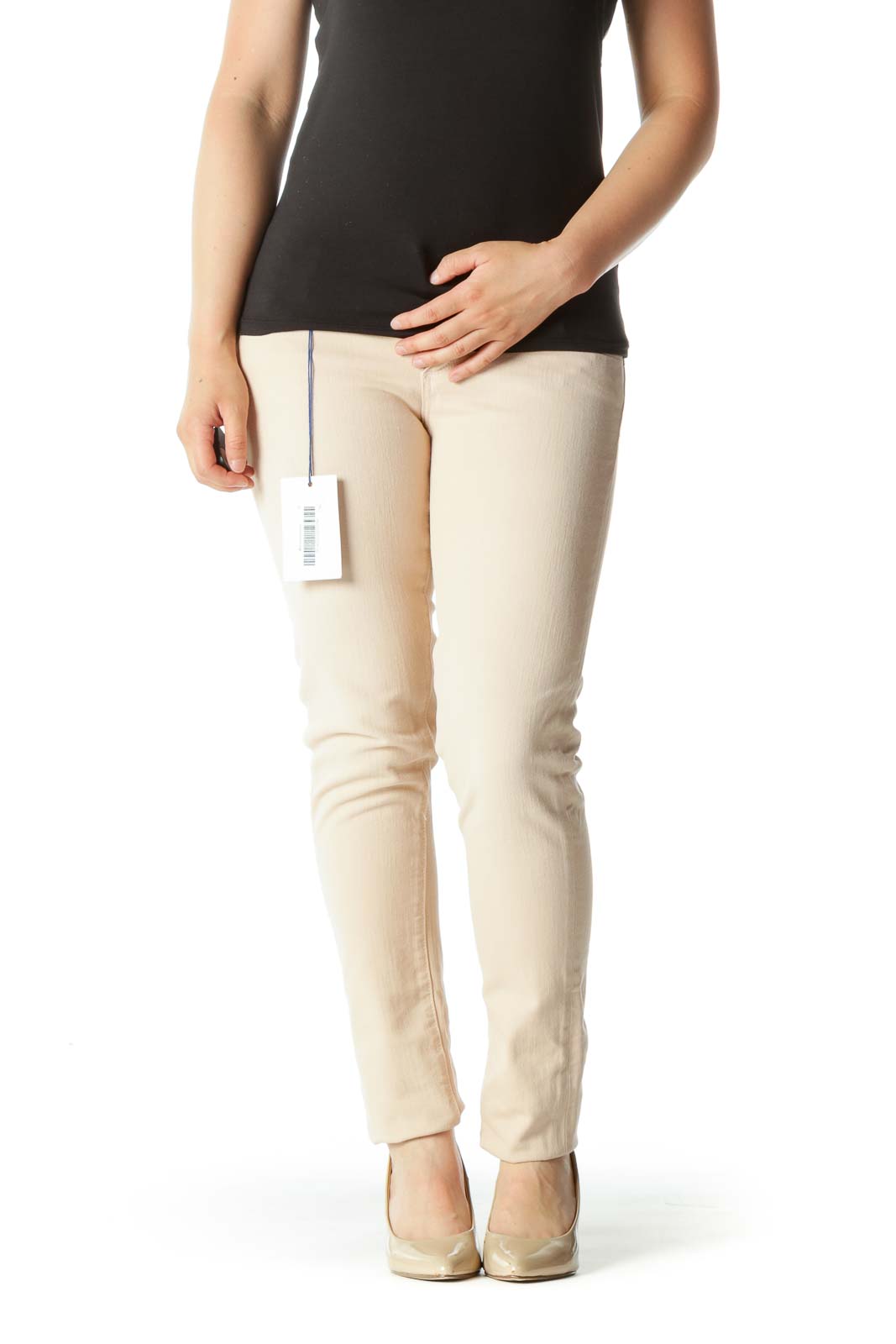 Light Peach-Pink Cotton Blend Stretch Skinny Pants Front