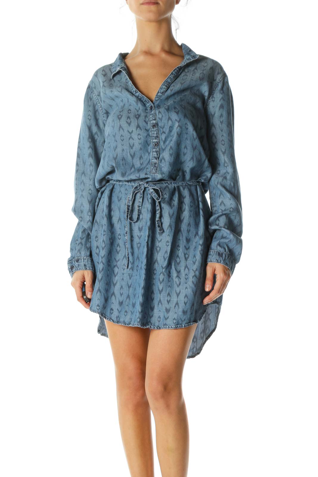 Blue Printed Belted Buttoned Denim-Style Dress Front