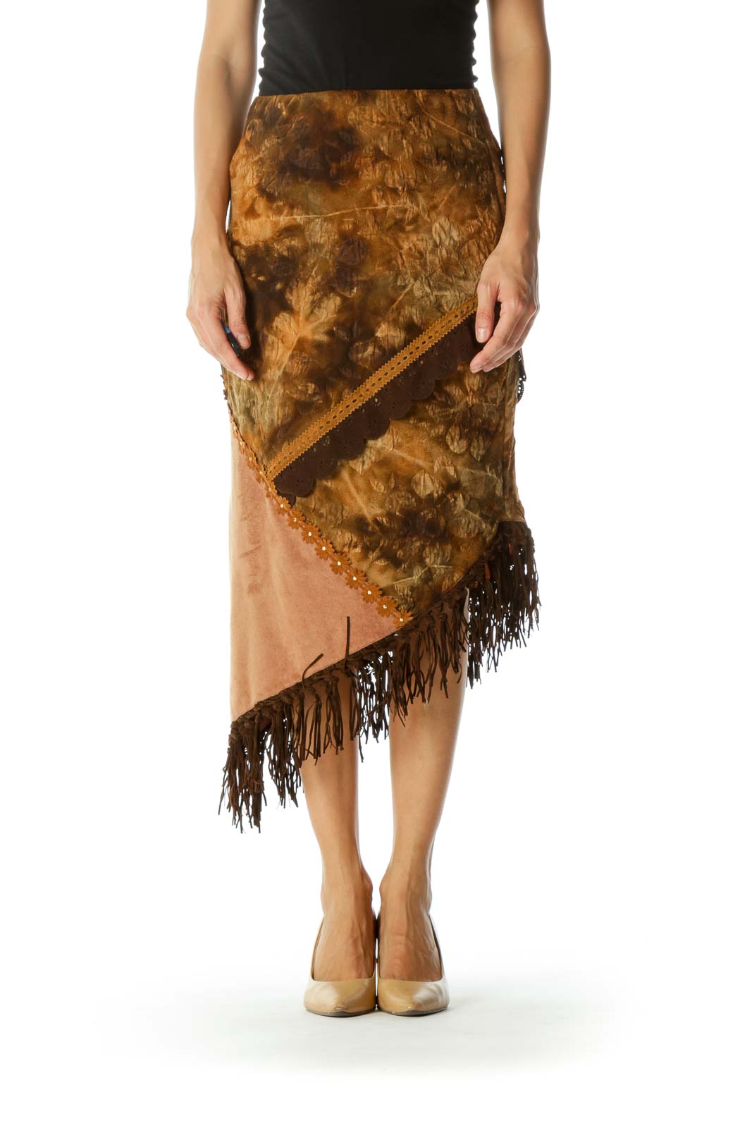 Brown Beige Fringe Floral Jacquard Faux-Suede Mixed-Media Stretch Asymmetrical Skirt Front