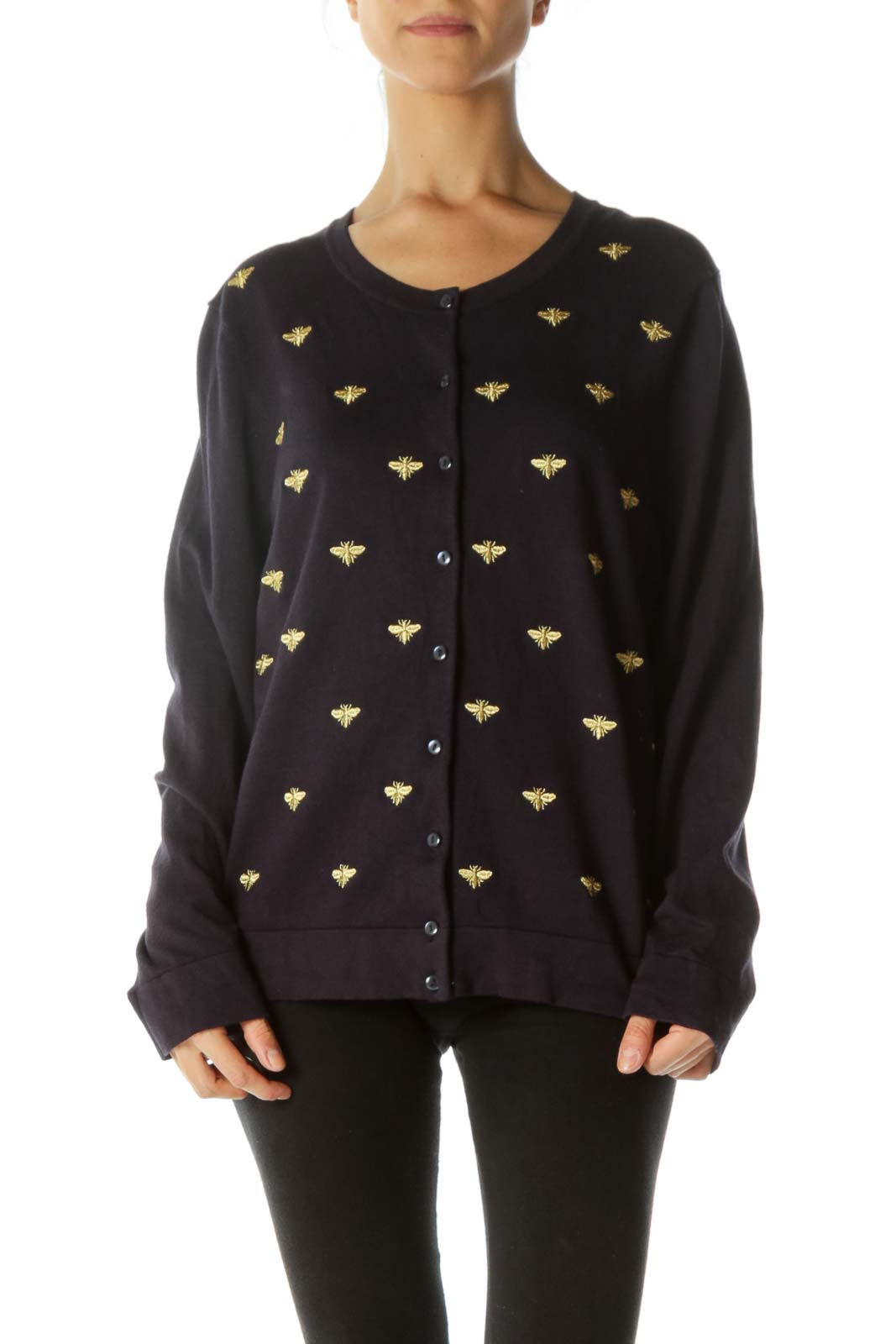 Navy Cardigan with Gold Bug Embroidery Front