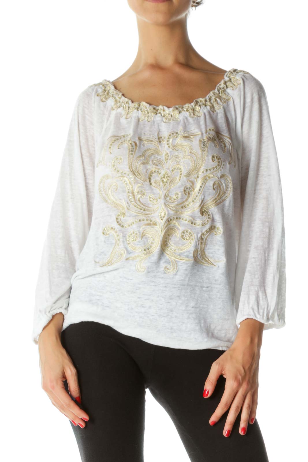 White Gold Linen Blend Sequined Embroidered Elastic Detail Knit Top Front