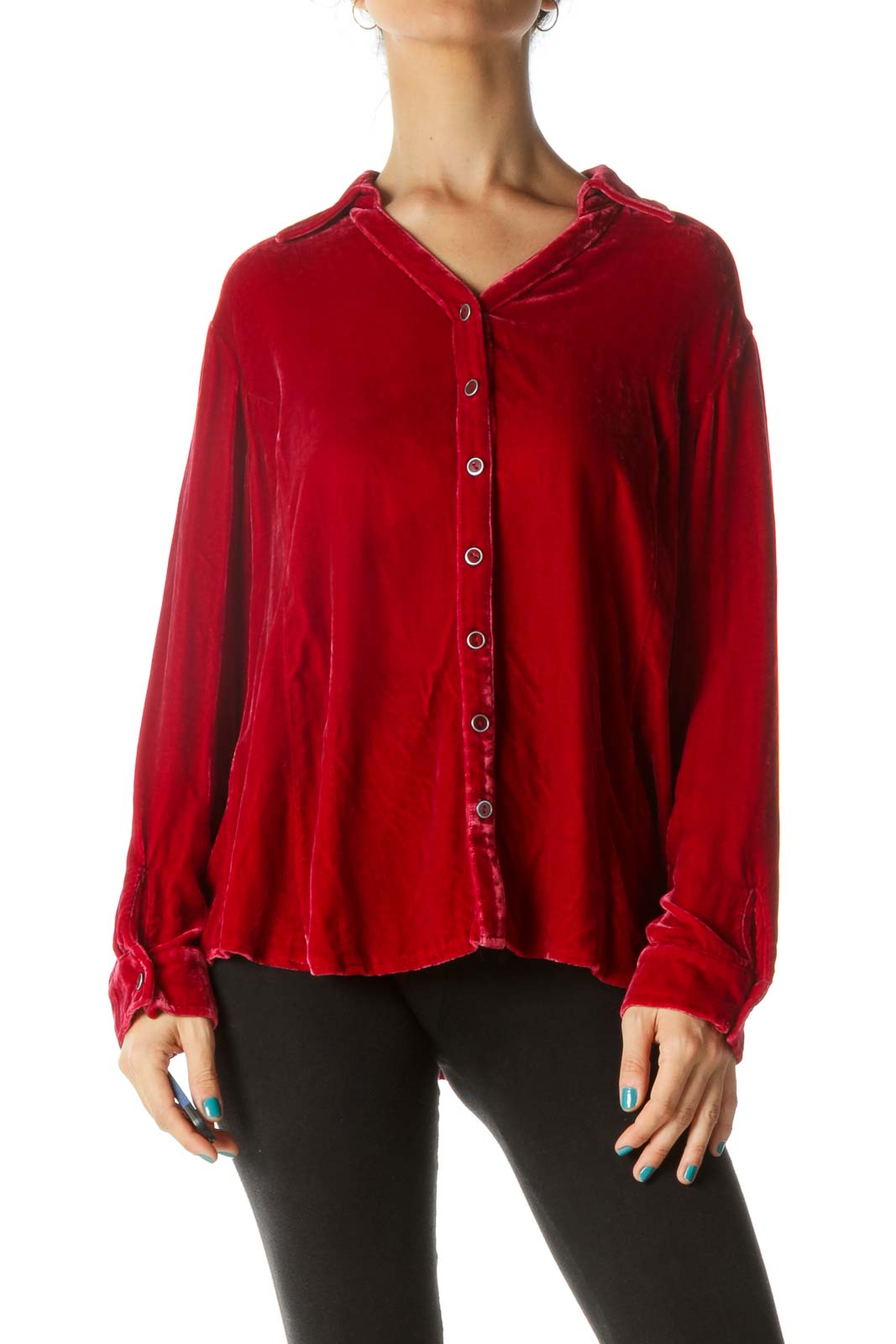 Coldwater Creek - Red Velvet Collared Button-Up Blouse Rayon Silk ...