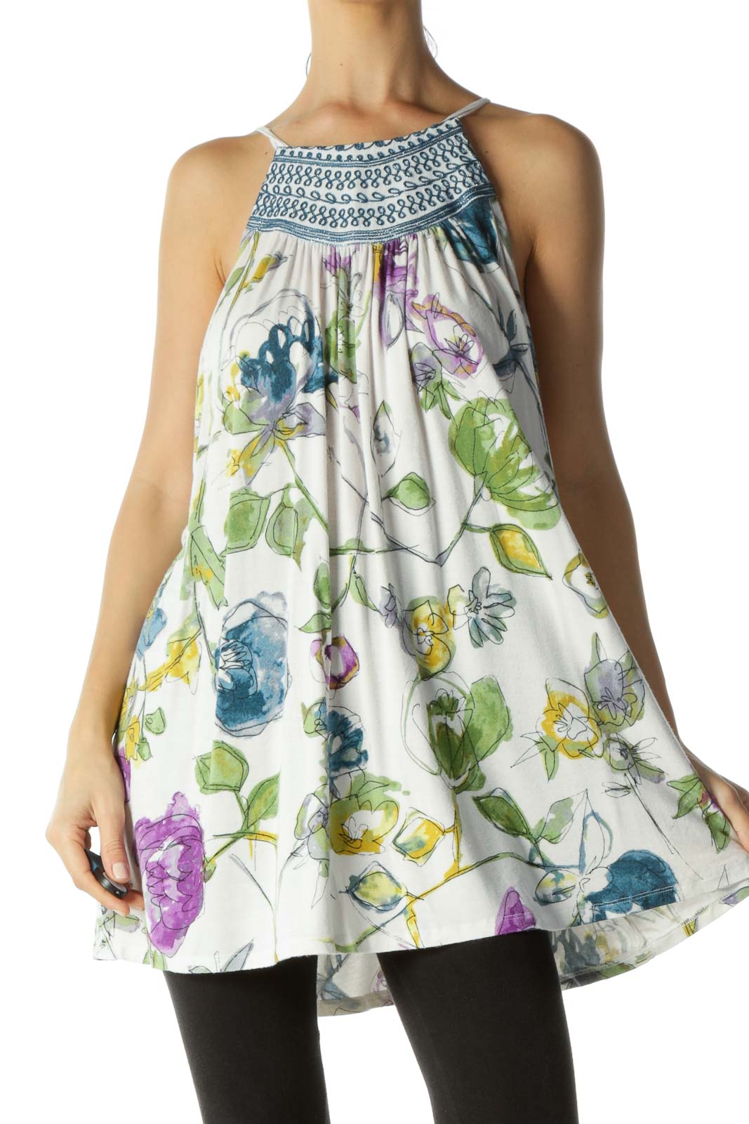 Blue Yellow Purple Floral Print Embroidered Neckline Flared Sleeveless Top Front