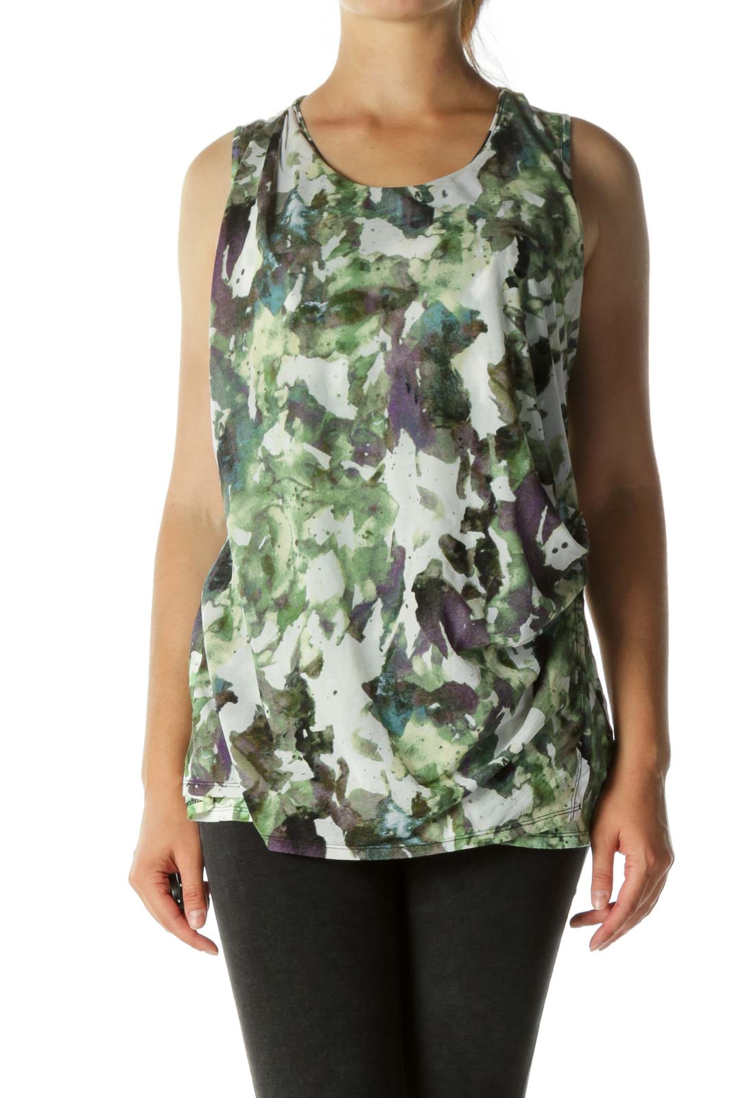 Green Pattern Ruched Tank Top Front