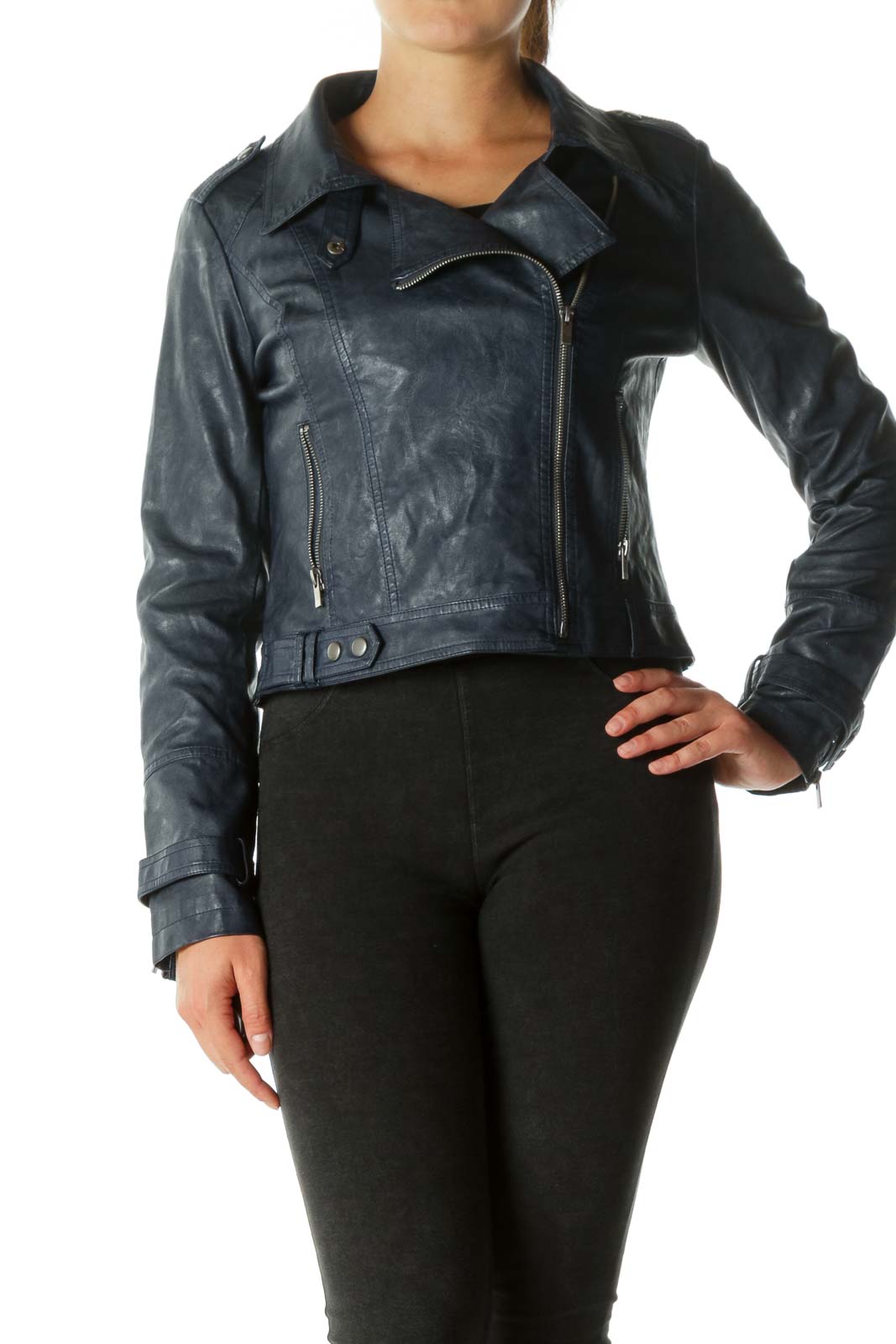 Deep Blue Faux-Leather Zippered Moto-Jacket Front