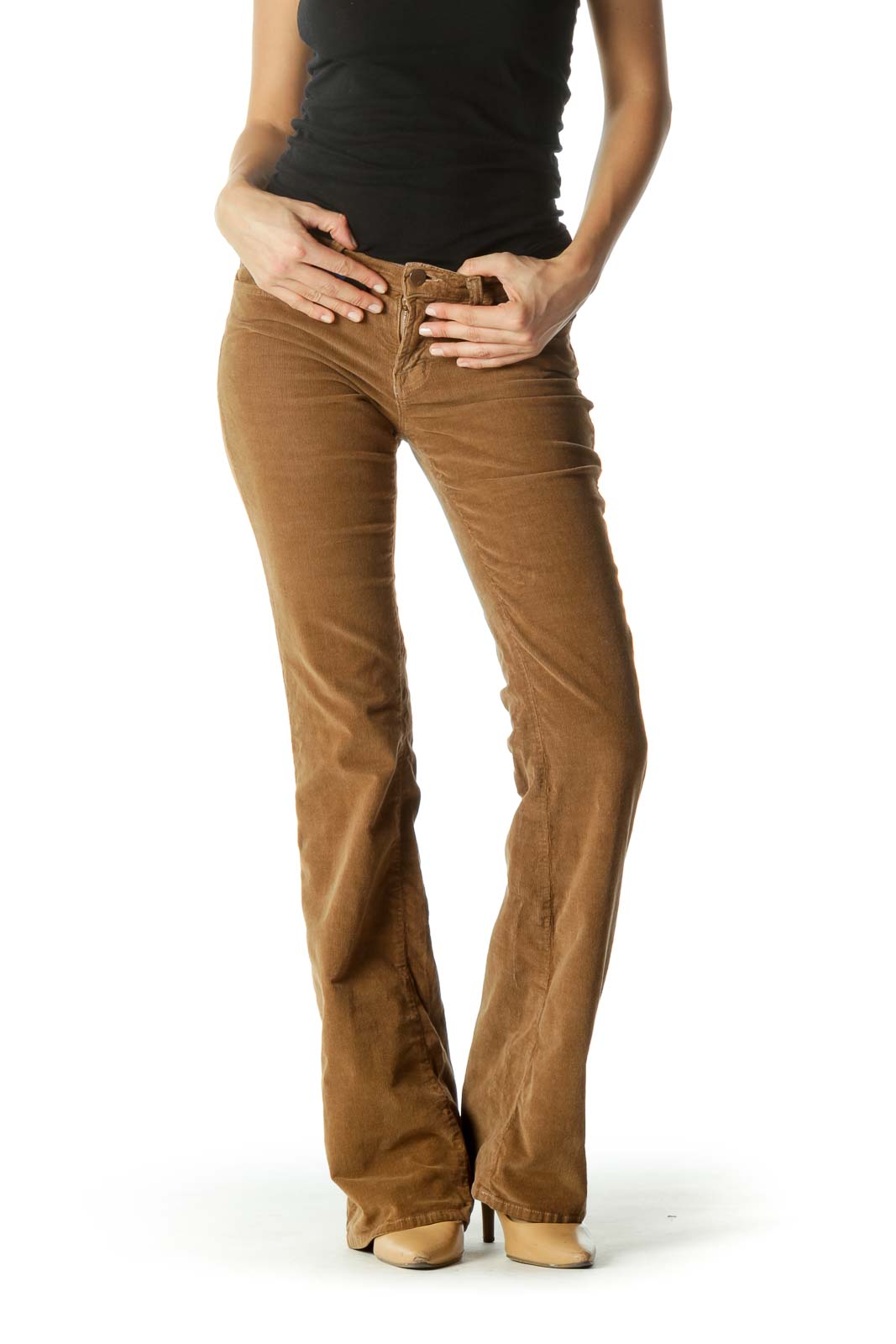 Brown Corduroy Pocketed Stretch Flared Pants Front