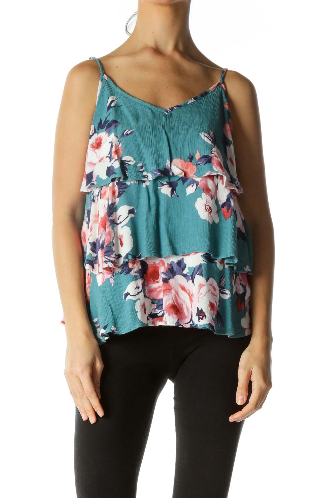 Green Pink Ruffled Floral Tank Top Front