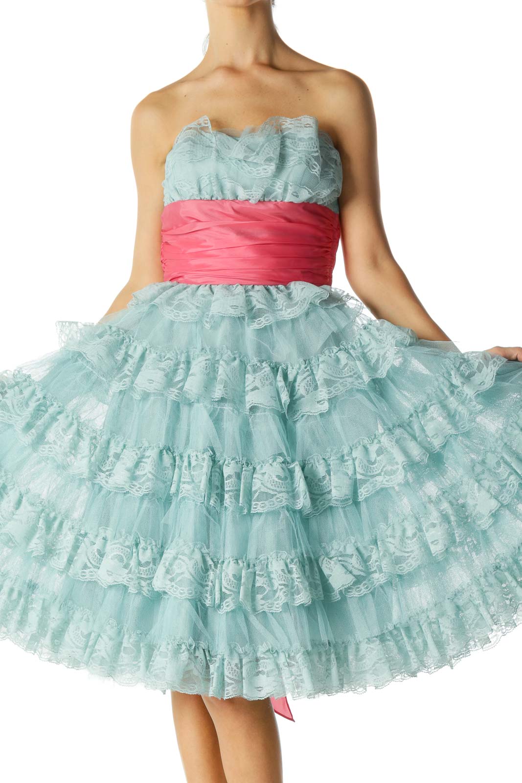 Blue Pink Lace Strapless Flared Cocktail Dress Front