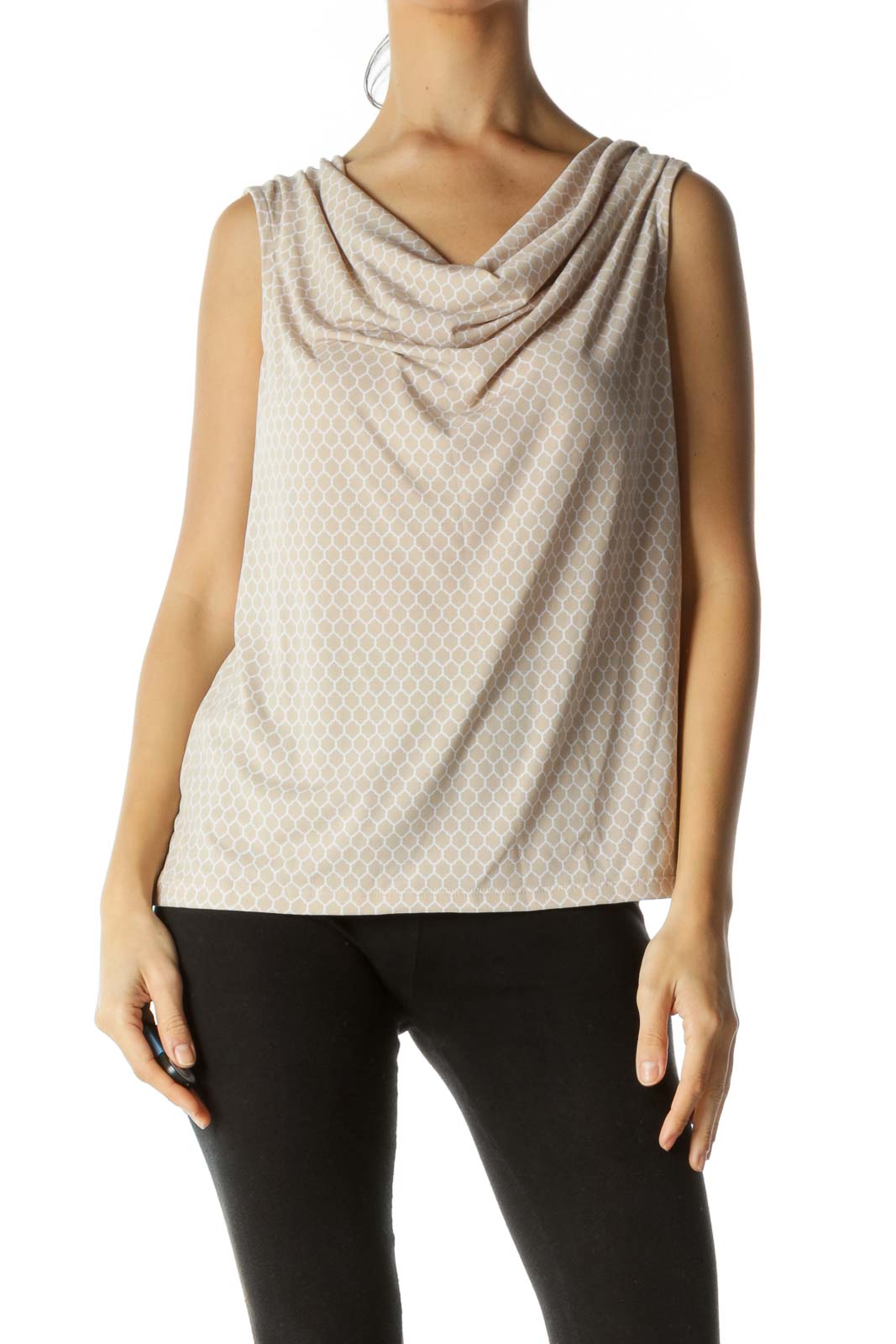 Beige White Print Cowl Neck Stretch Top Front