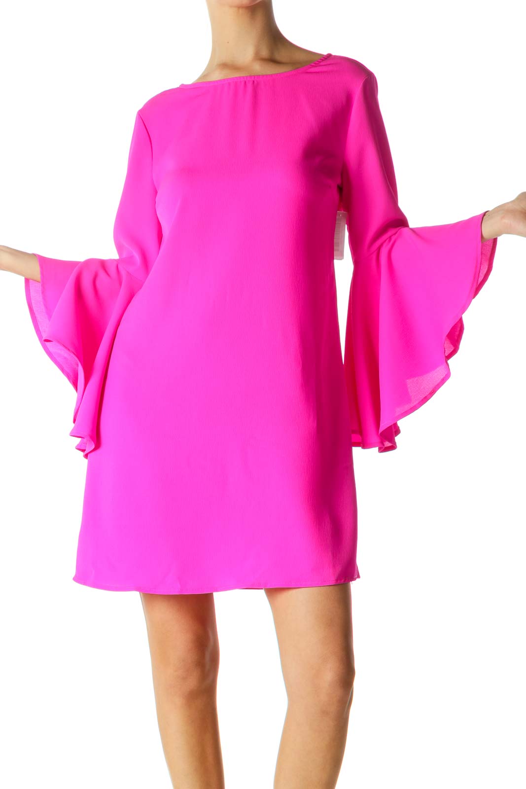 Hot Pink Back Cut-Out Flared Sleeves Dress Front