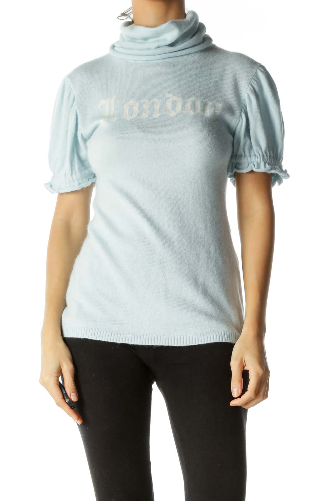 Blue White Turtle Neck Short Sleeve Graphic Knit Top Front