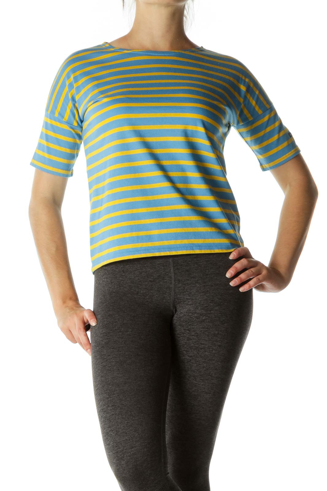 Blue Yellow 100% Cotton Short Sleeve Stretch Top Front