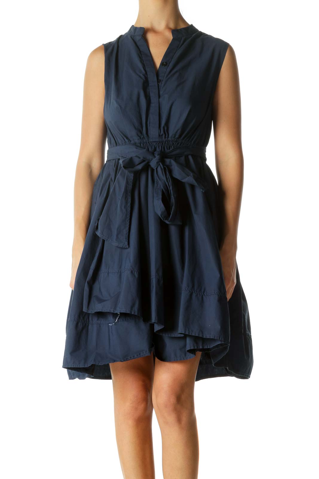 Blue 100% Cotton Elastic Waist Belted Day Dress Front