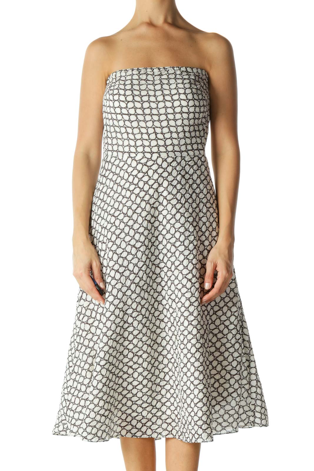 White & Brown Patterned Strapless Dress Front