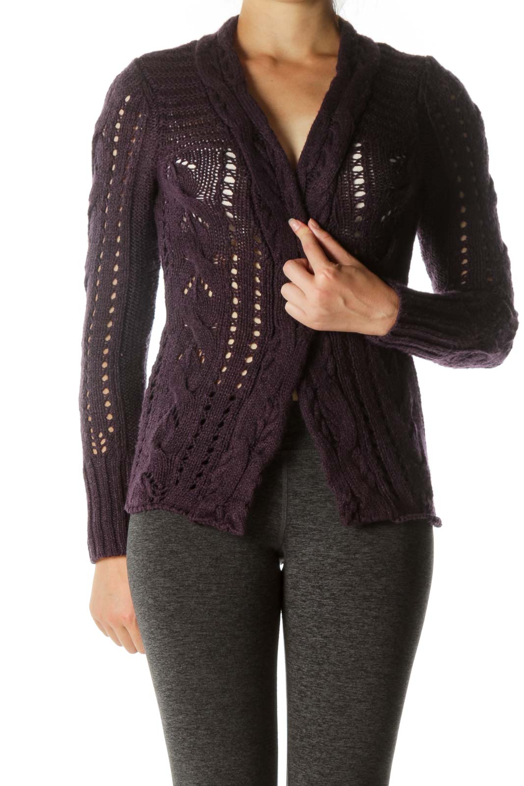 Purple Knit Chunky Open Cardigan Front