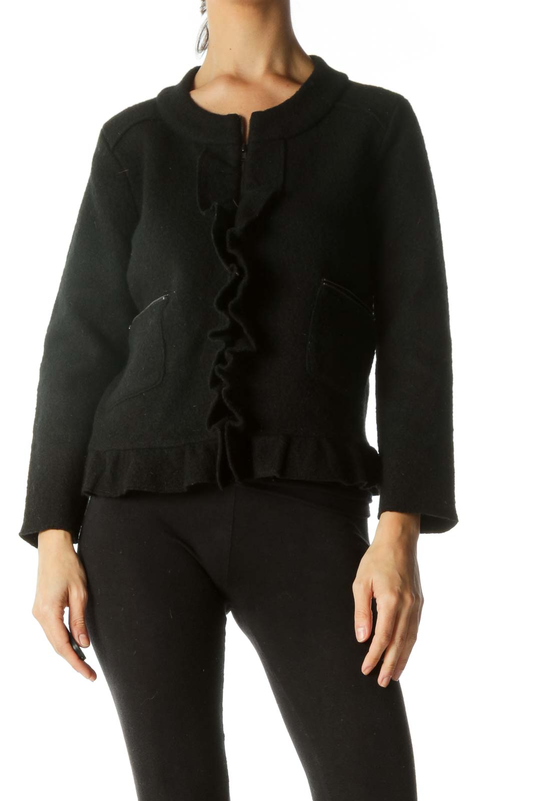 Black Ruffle Detail Jacket Front