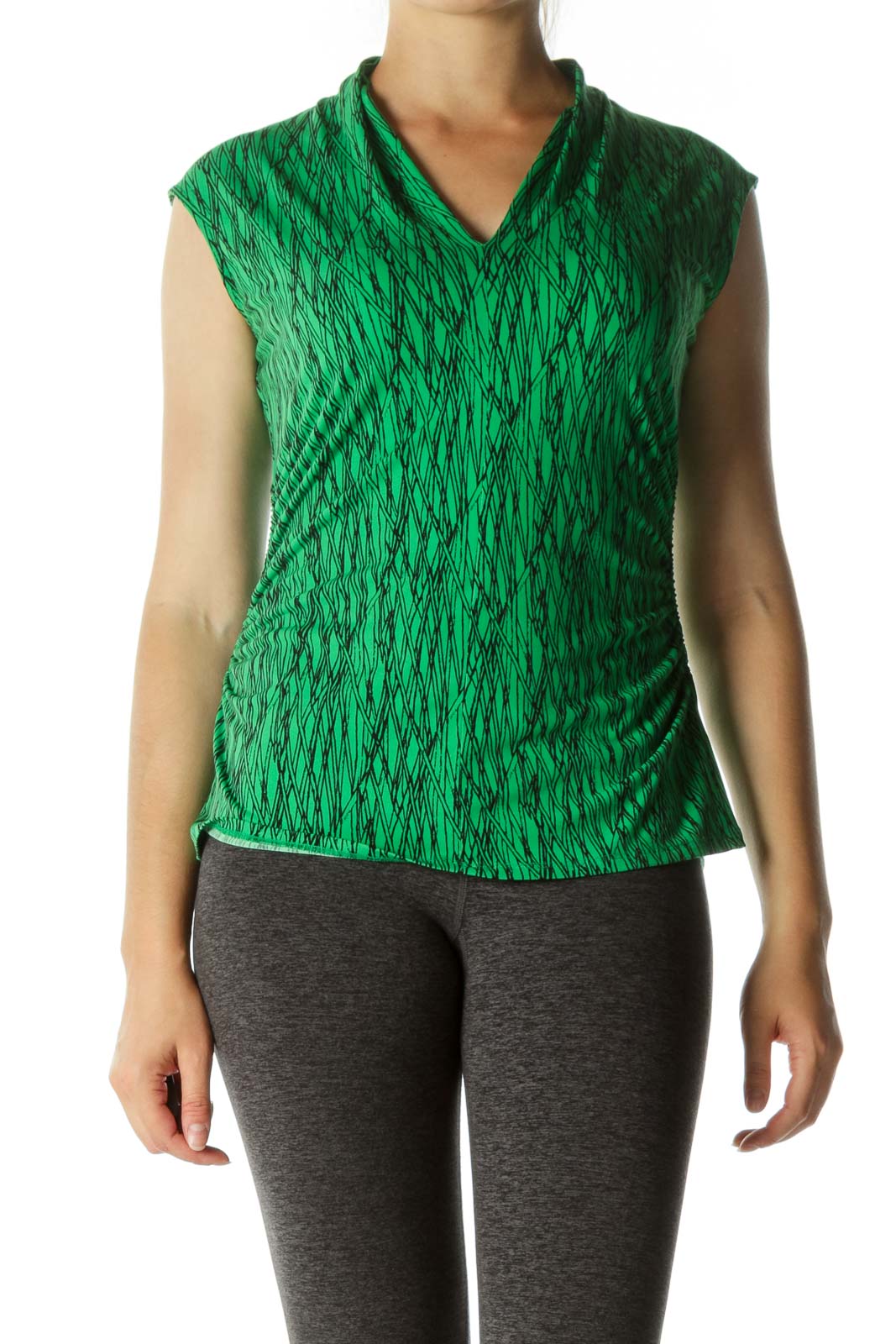 Green Black Pattern Side Ruched Top Front