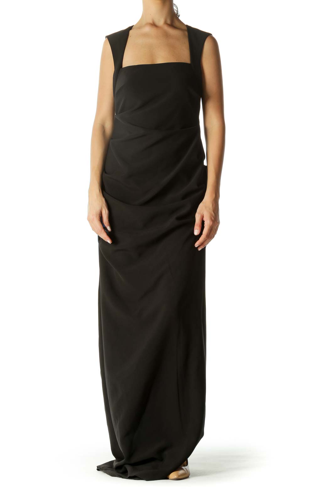 Black Square Neck With Open Back Ruched Slit Evening Dress Front