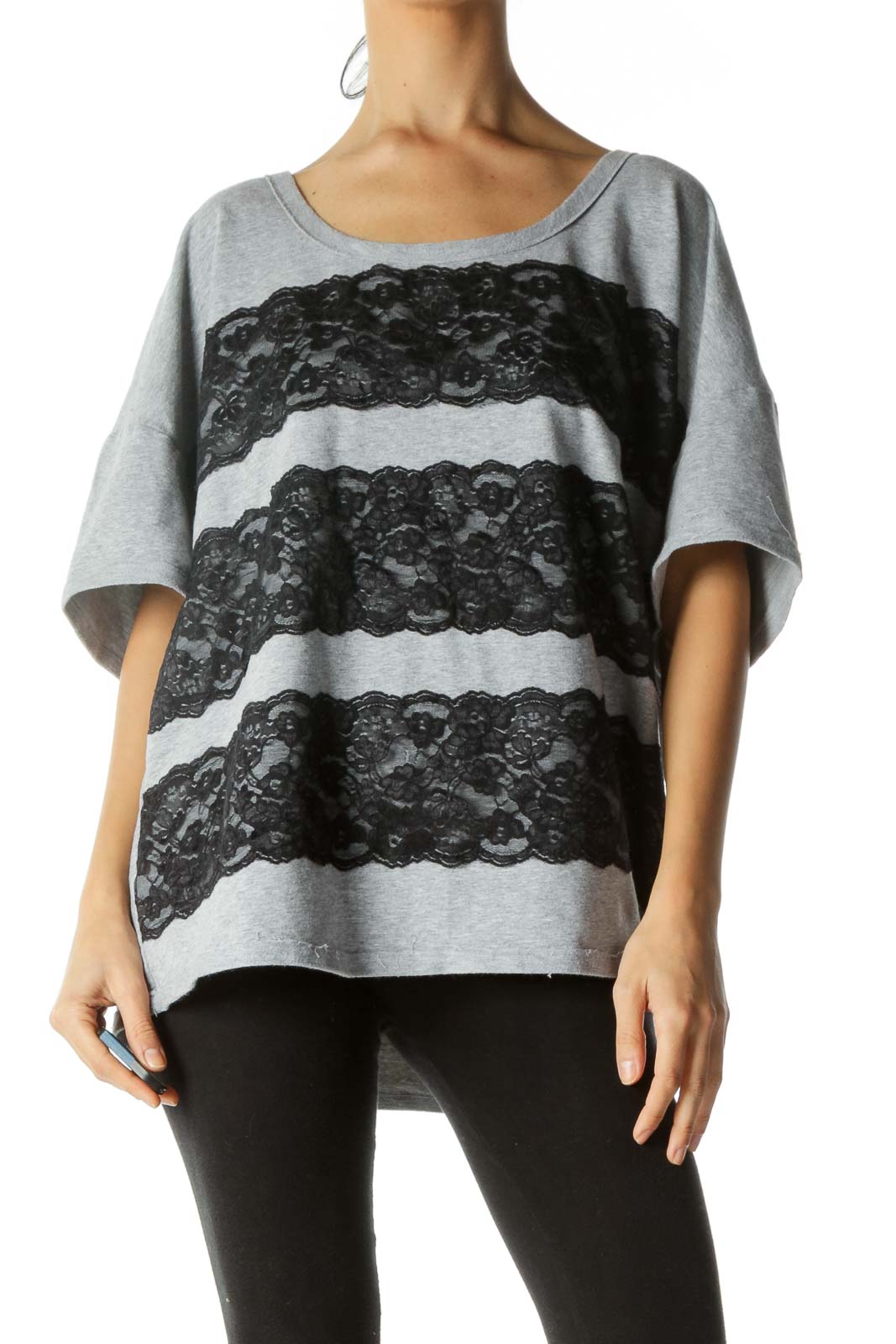 Gray Black Round Neck Lace Applique Stretch T-Shirt Front