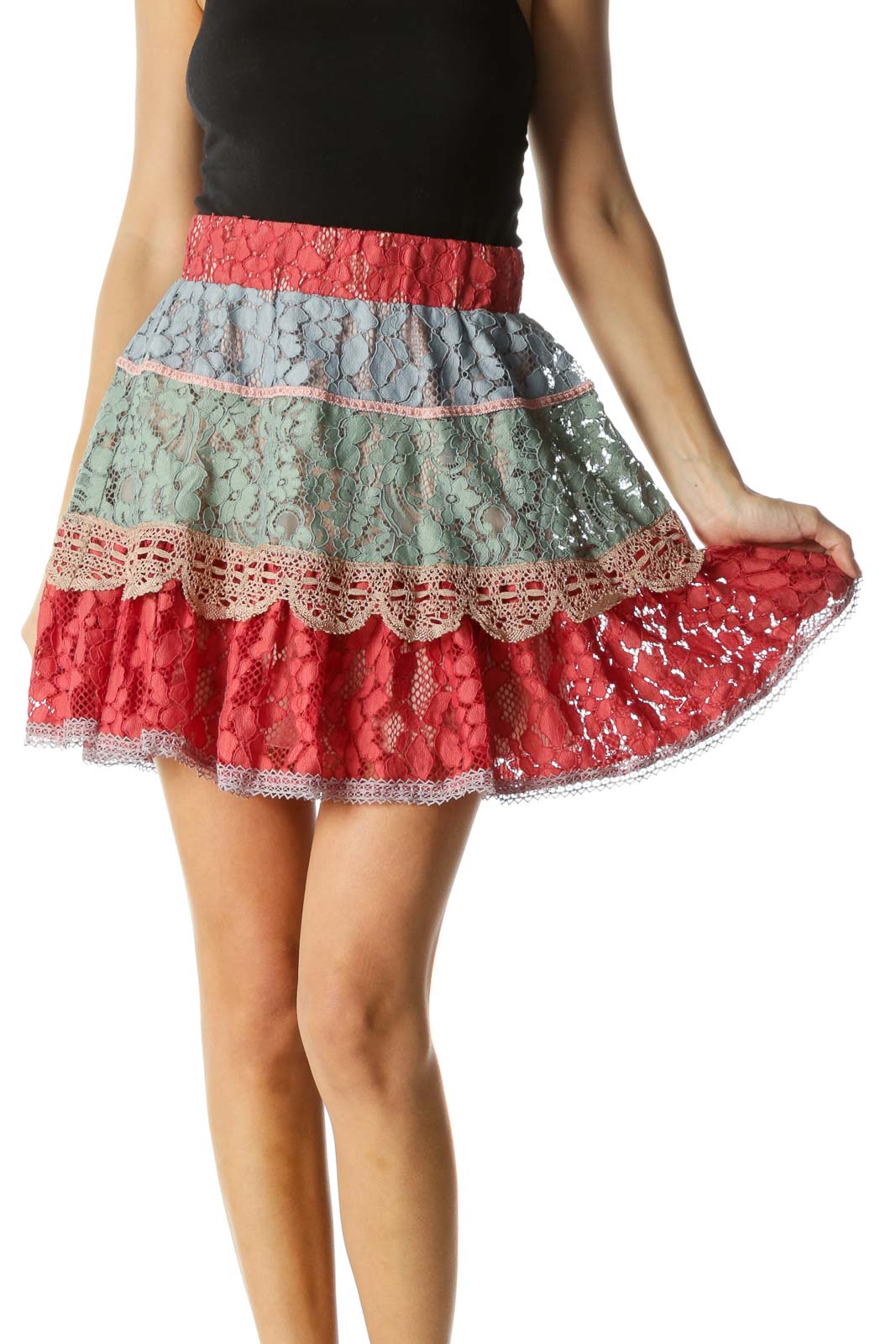 Multicolored Elastic Waist Lace Mixed-Media Flared Skirt Front