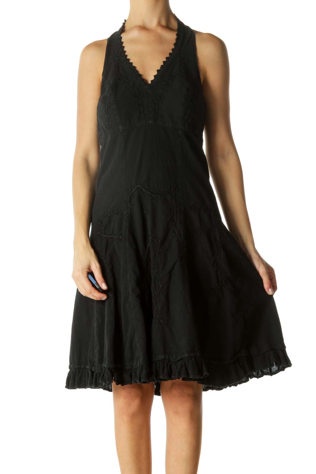 Black Embroidered Halter Dress Front