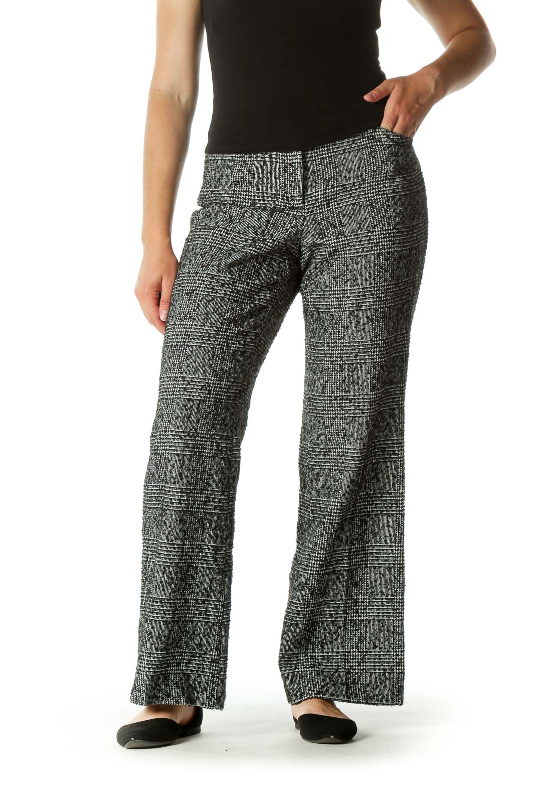 Black White Wool Blend Textured Pattern Pants Front