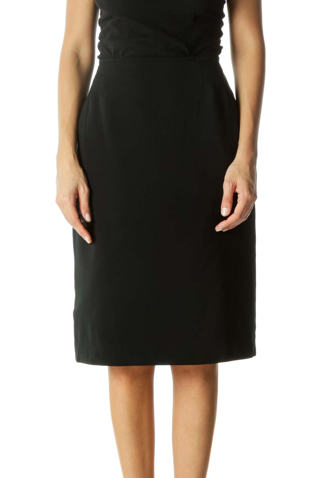 Black Cinched-Waist Lined A-Line Skirt (Petite) Front