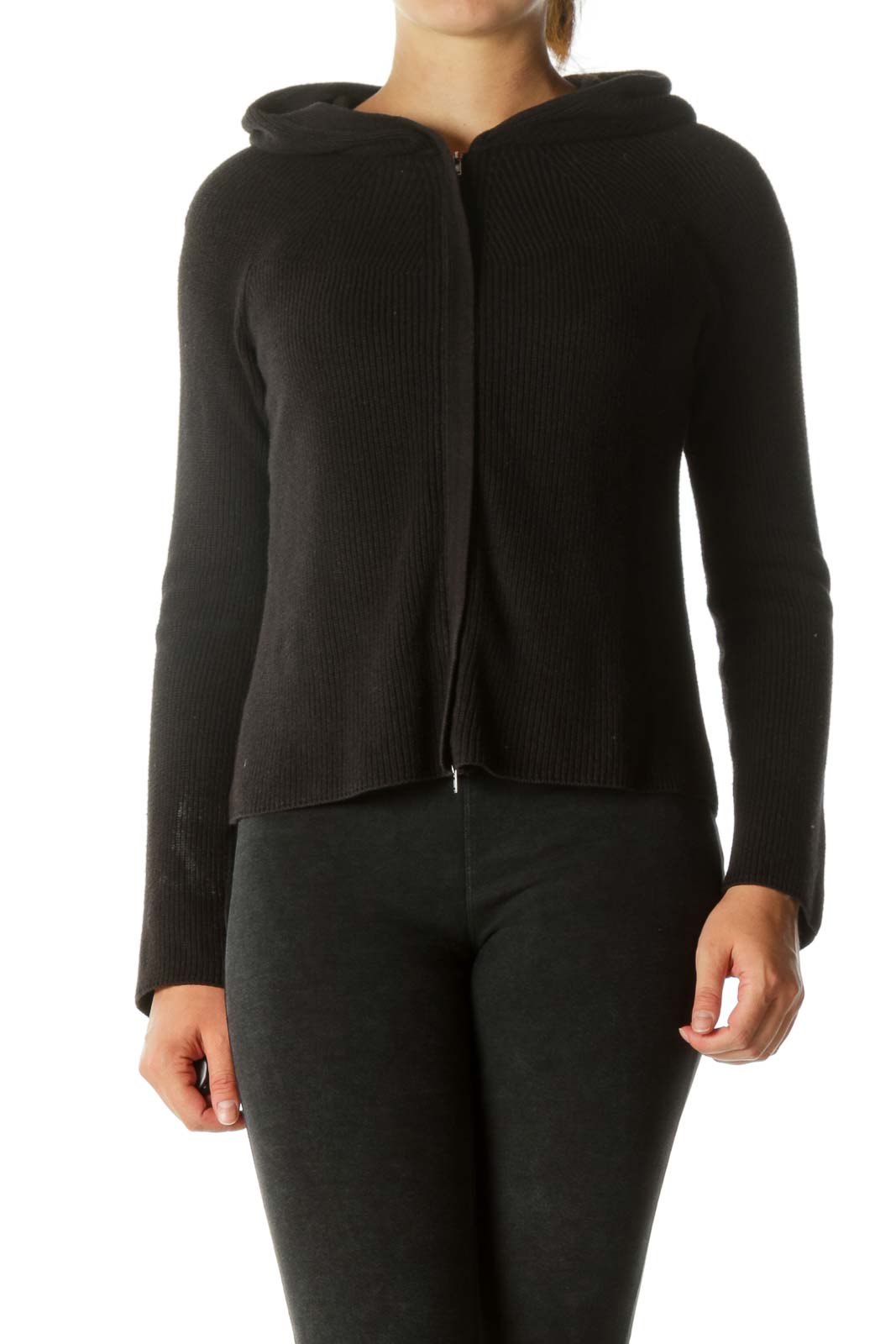 Black Hooded Cable Knit Jacket Front