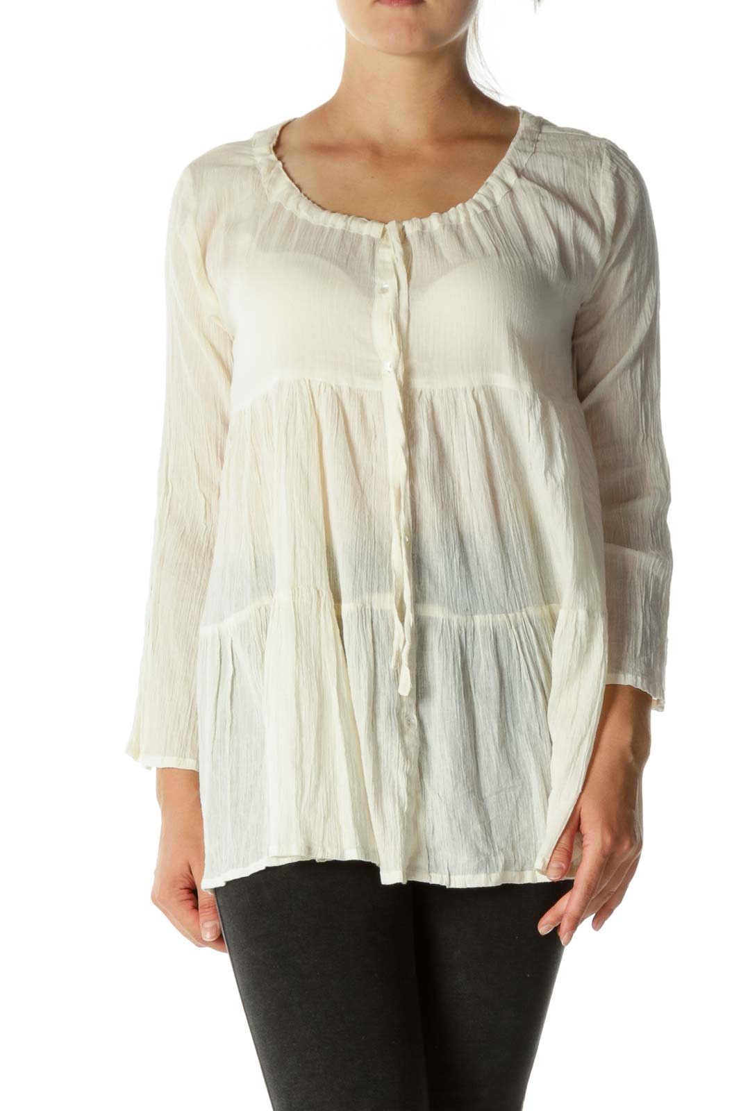 Beige Cotton Flared Sleeves Ruched Top Front