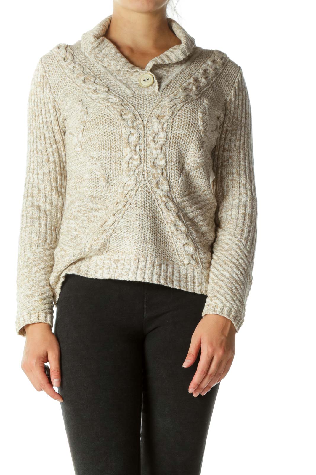Cream Shawl Collar Cable Knit Top  Front