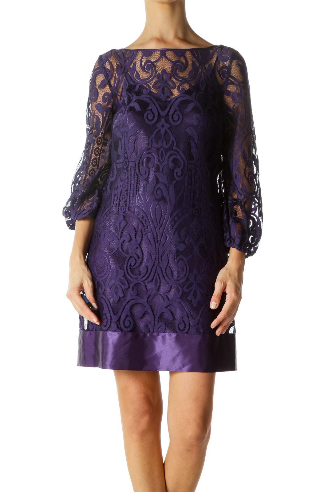 Purple Lace Midi Dress Front